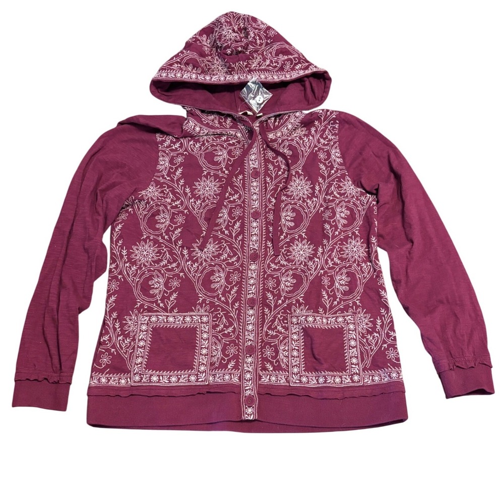 Soft Surroundings Burgundy Embroidered Button Up Hoodie Cotton Small 2EG93 - Picture 1 of 13